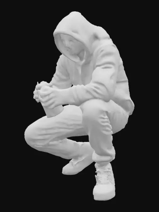 3D model for {
  "Object": "graffiti artist in action",
  "Material": "cotton (clothing), brick (wall), metal (spray cans), rubber (shoes)",
  "Shape/Form": "slender male figure crouched or leaning forward, arm extended with spray can",
  "Color Scheme": "dark hoodie and pants in black and gray tones, brick wall in weathered red, vivid spray paint in neon colors like green, pink, and blue",
  "Texture Details": "rough brick wall with chipped paint, soft fabric with folds and shadows, glossy spray can surface, wet paint texture on wall",
  "Style": "realistic",
  "Environment/Use Context": "dimly lit urban backyard at night, faint light from a nearby streetlamp casting long shadows",
  "Reference Models": "inspired by Banksy-like urban art scenes or underground street culture photography"
}
