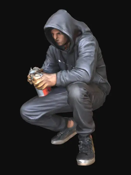 3D model for {
  "Object": "graffiti artist in action",
  "Material": "cotton (clothing), brick (wall), metal (spray cans), rubber (shoes)",
  "Shape/Form": "slender male figure crouched or leaning forward, arm extended with spray can",
  "Color Scheme": "dark hoodie and pants in black and gray tones, brick wall in weathered red, vivid spray paint in neon colors like green, pink, and blue",
  "Texture Details": "rough brick wall with chipped paint, soft fabric with folds and shadows, glossy spray can surface, wet paint texture on wall",
  "Style": "realistic",
  "Environment/Use Context": "dimly lit urban backyard at night, faint light from a nearby streetlamp casting long shadows",
  "Reference Models": "inspired by Banksy-like urban art scenes or underground street culture photography"
}
