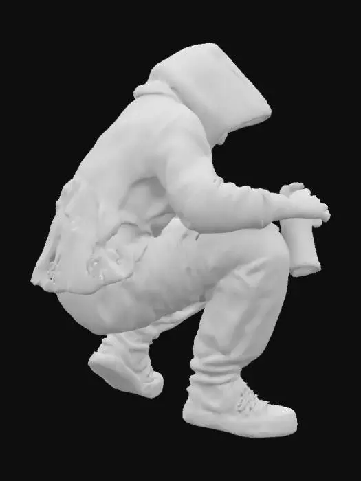 3D model for {
  "Object": "graffiti artist in action",
  "Material": "cotton (clothing), brick (wall), metal (spray cans), rubber (shoes)",
  "Shape/Form": "slender male figure crouched or leaning forward, arm extended with spray can",
  "Color Scheme": "dark hoodie and pants in black and gray tones, brick wall in weathered red, vivid spray paint in neon colors like green, pink, and blue",
  "Texture Details": "rough brick wall with chipped paint, soft fabric with folds and shadows, glossy spray can surface, wet paint texture on wall",
  "Style": "realistic",
  "Environment/Use Context": "dimly lit urban backyard at night, faint light from a nearby streetlamp casting long shadows",
  "Reference Models": "inspired by Banksy-like urban art scenes or underground street culture photography"
}
