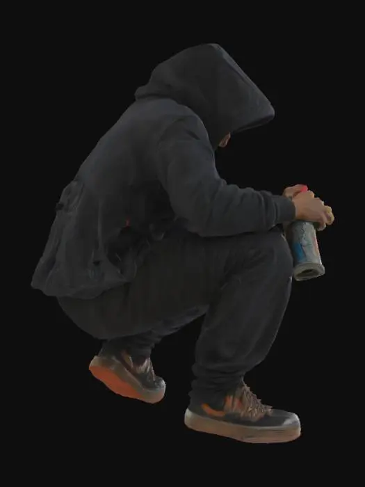 3D model for {
  "Object": "graffiti artist in action",
  "Material": "cotton (clothing), brick (wall), metal (spray cans), rubber (shoes)",
  "Shape/Form": "slender male figure crouched or leaning forward, arm extended with spray can",
  "Color Scheme": "dark hoodie and pants in black and gray tones, brick wall in weathered red, vivid spray paint in neon colors like green, pink, and blue",
  "Texture Details": "rough brick wall with chipped paint, soft fabric with folds and shadows, glossy spray can surface, wet paint texture on wall",
  "Style": "realistic",
  "Environment/Use Context": "dimly lit urban backyard at night, faint light from a nearby streetlamp casting long shadows",
  "Reference Models": "inspired by Banksy-like urban art scenes or underground street culture photography"
}
