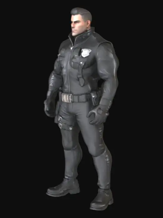 3D model for Object: männlicher Polizist in ikonischer Lederuniform
Material: schwarzes Leder, Metall (für Abzeichen und Gürtel)
Shape/Form: muskulöser, übertriebener Oberkörper mit breiten Schultern und schmaler Taille
Color Scheme: glänzendes Schwarz mit silbernen Akzenten (Reißverschlüsse, Abzeichen)
Texture Details: glattes, reflektierendes Leder, leicht faltig an Ellbogen und Knien
Style: stilisiert, inspiriert von Tom of Finland, mit Betonung auf Fetisch-Ästhetik
Environment/Use Context: stehend in einer urbanen Kulisse oder leeren Studioumgebung
Reference Models: inspiriert von Tom of Finland Illustrationen, ähnelt Biker- oder Polizei-Look aus Fetischkunst
