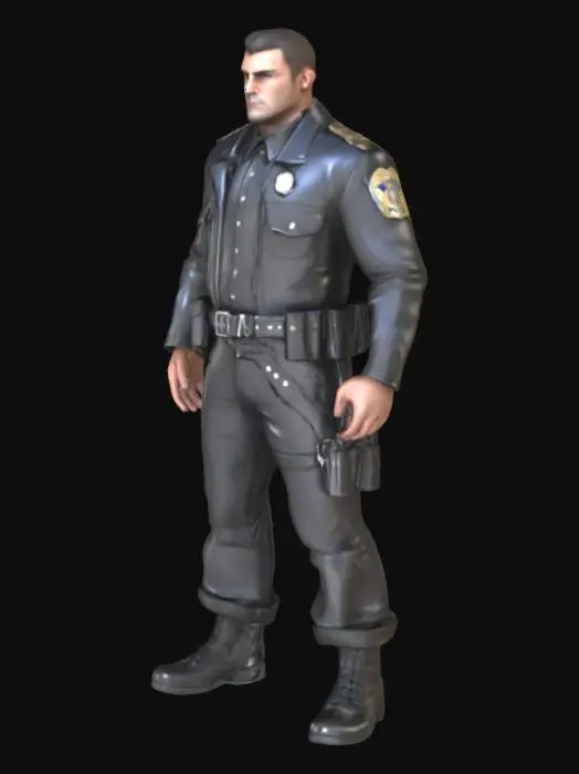 3D model for Object: männlicher Polizist in ikonischer Lederuniform
Material: schwarzes Leder, Metall (für Abzeichen und Gürtel)
Shape/Form: muskulöser, übertriebener Oberkörper mit breiten Schultern und schmaler Taille
Color Scheme: glänzendes Schwarz mit silbernen Akzenten (Reißverschlüsse, Abzeichen)
Texture Details: glattes, reflektierendes Leder, leicht faltig an Ellbogen und Knien
Style: stilisiert, inspiriert von Tom of Finland, mit Betonung auf Fetisch-Ästhetik
Environment/Use Context: stehend in einer urbanen Kulisse oder leeren Studioumgebung
Reference Models: inspiriert von Tom of Finland Illustrationen, ähnelt Biker- oder Polizei-Look aus Fetischkunst
