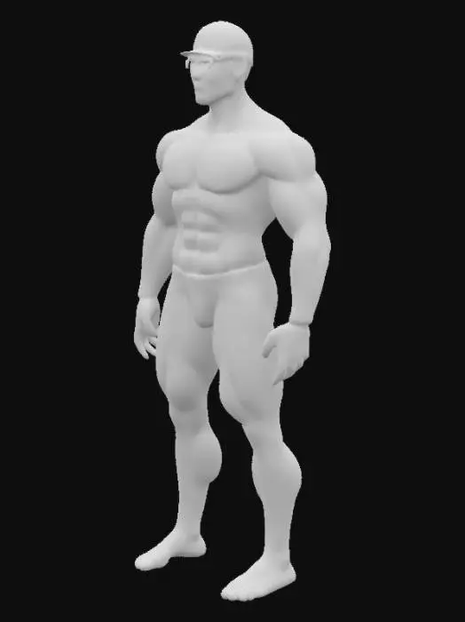 3D model for {
  "Object": "Muskulöser männlicher Schwimmer in Wettkampfausrüstung",
  "Material": "Haut, Latex (Badekappe), Kunststoff (Schwimmbrille), Spandex (Badehose)",
  "Shape/Form": "Athletischer Körperbau mit definierten Muskeln, normale Proportionen eines männlichen Erwachsenen",
  "Color Scheme": "Hautfarbe mit schwarzen oder navyblauen Akzenten (Badehose), silber oder blau (Brille), rote oder weiße Badekappe",
  "Texture Details": "Nasse Haut mit Glanzeffekt, glatte Badehose, glatte gummierte Badekappe, reflektierende Schwimmbrille",
  "Style": "Realistisch",
  "Environment/Use Context": "Stehend am Rand eines Schwimmbeckens oder direkt nach dem Schwimmen",
  "Reference Models": "Inspiriert von olympischen Schwimmern wie Michael Phelps oder Caeleb Dressel"
}