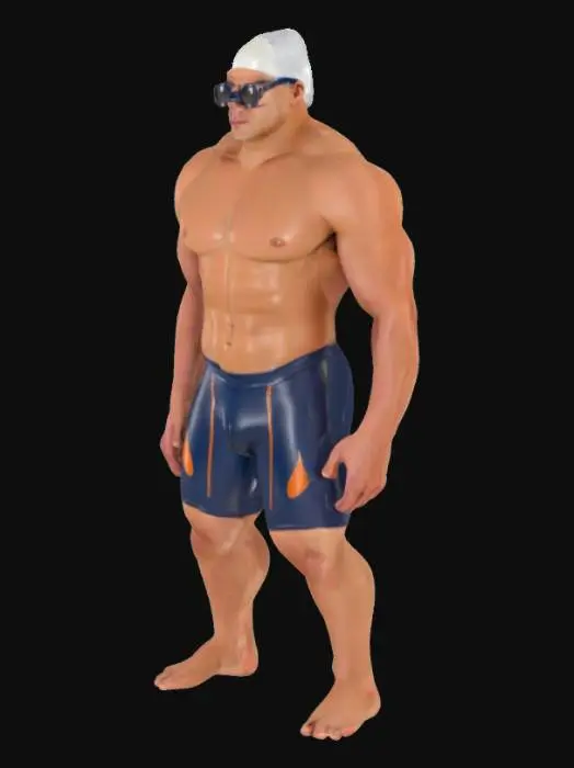 3D model for {
  "Object": "Muskulöser männlicher Schwimmer in Wettkampfausrüstung",
  "Material": "Haut, Latex (Badekappe), Kunststoff (Schwimmbrille), Spandex (Badehose)",
  "Shape/Form": "Athletischer Körperbau mit definierten Muskeln, normale Proportionen eines männlichen Erwachsenen",
  "Color Scheme": "Hautfarbe mit schwarzen oder navyblauen Akzenten (Badehose), silber oder blau (Brille), rote oder weiße Badekappe",
  "Texture Details": "Nasse Haut mit Glanzeffekt, glatte Badehose, glatte gummierte Badekappe, reflektierende Schwimmbrille",
  "Style": "Realistisch",
  "Environment/Use Context": "Stehend am Rand eines Schwimmbeckens oder direkt nach dem Schwimmen",
  "Reference Models": "Inspiriert von olympischen Schwimmern wie Michael Phelps oder Caeleb Dressel"
}