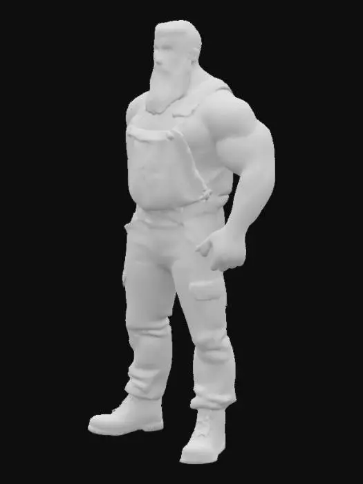 3D model for "Object": "Muskulöser bärtiger Strongman mit behaarten Armen, Beinen und Brust, trägt nur eine Arbeitslatzhose und braune Boots",
"Material": "Haut, Denim oder Canvas (Latzhose), Leder (Boots), Körperbehaarung",
"Shape/Form": "Breite Schultern, stark entwickelte Brust und Arme, kräftige Oberschenkel, voller Bart und robuste Statur",
"Color Scheme": "Hautfarbe mit dunkelbraunem oder schwarzem Bart, blaue oder graue Arbeitslatzhose, braune Leder-Boots",
"Texture Details": "Raues Hautmaterial mit dichter Körperbehaarung, leicht abgenutzte, grobe Stofftextur bei der Latzhose, matte oder leicht speckige Lederstruktur bei den Boots",
"Style": "Realistisch",
"Context": "In einer Werkstatt",
"Reference Models": "Inspiriert von Bauarbeiter-Typen, mit Bodybuilder-Proportionen"