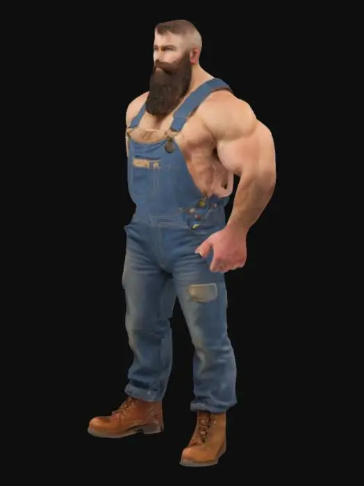 3D model for "Object": "Muskulöser bärtiger Strongman mit behaarten Armen, Beinen und Brust, trägt nur eine Arbeitslatzhose und braune Boots",
"Material": "Haut, Denim oder Canvas (Latzhose), Leder (Boots), Körperbehaarung",
"Shape/Form": "Breite Schultern, stark entwickelte Brust und Arme, kräftige Oberschenkel, voller Bart und robuste Statur",
"Color Scheme": "Hautfarbe mit dunkelbraunem oder schwarzem Bart, blaue oder graue Arbeitslatzhose, braune Leder-Boots",
"Texture Details": "Raues Hautmaterial mit dichter Körperbehaarung, leicht abgenutzte, grobe Stofftextur bei der Latzhose, matte oder leicht speckige Lederstruktur bei den Boots",
"Style": "Realistisch",
"Context": "In einer Werkstatt",
"Reference Models": "Inspiriert von Bauarbeiter-Typen, mit Bodybuilder-Proportionen"
