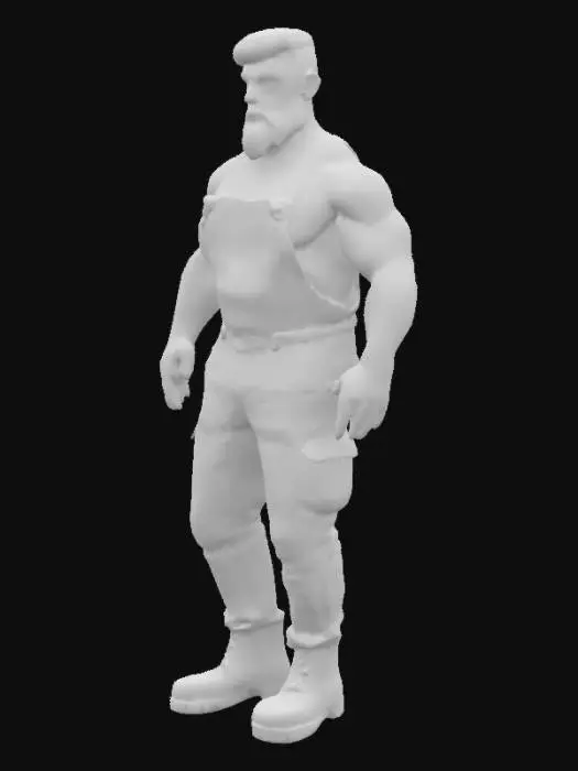 3D model for "Object": "Muskulöser bärtiger Strongman mit behaarten Armen, Beinen und Brust, trägt nur eine Arbeitslatzhose und braune Boots",
"Material": "Haut, Denim oder Canvas (Latzhose), Leder (Boots), Körperbehaarung",
"Shape/Form": "Breite Schultern, stark entwickelte Brust und Arme, kräftige Oberschenkel, voller Bart und robuste Statur",
"Color Scheme": "Hautfarbe mit dunkelbraunem oder schwarzem Bart, blaue oder graue Arbeitslatzhose, braune Leder-Boots",
"Texture Details": "Raues Hautmaterial mit dichter Körperbehaarung, leicht abgenutzte, grobe Stofftextur bei der Latzhose, matte oder leicht speckige Lederstruktur bei den Boots",
"Style": "Realistisch",
"Context": "In einer Werkstatt",
"Reference Models": "Inspiriert von Bauarbeiter-Typen, mit Bodybuilder-Proportionen"