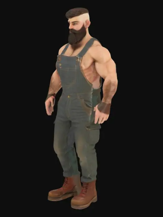 3D model for "Object": "Muskulöser bärtiger Strongman mit behaarten Armen, Beinen und Brust, trägt nur eine Arbeitslatzhose und braune Boots",
"Material": "Haut, Denim oder Canvas (Latzhose), Leder (Boots), Körperbehaarung",
"Shape/Form": "Breite Schultern, stark entwickelte Brust und Arme, kräftige Oberschenkel, voller Bart und robuste Statur",
"Color Scheme": "Hautfarbe mit dunkelbraunem oder schwarzem Bart, blaue oder graue Arbeitslatzhose, braune Leder-Boots",
"Texture Details": "Raues Hautmaterial mit dichter Körperbehaarung, leicht abgenutzte, grobe Stofftextur bei der Latzhose, matte oder leicht speckige Lederstruktur bei den Boots",
"Style": "Realistisch",
"Context": "In einer Werkstatt",
"Reference Models": "Inspiriert von Bauarbeiter-Typen, mit Bodybuilder-Proportionen"