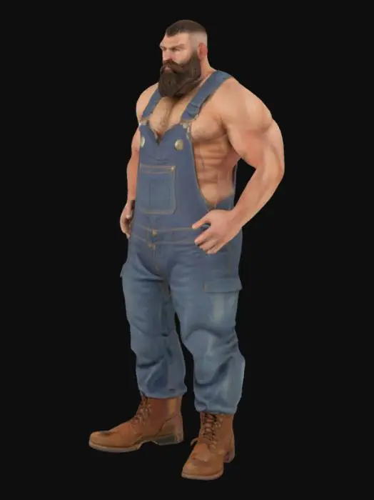 3D model for "Object": "Muskulöser bärtiger Strongman mit behaarten Armen, Beinen und Brust, trägt nur eine Arbeitslatzhose und braune Boots",
"Material": "Haut, Denim oder Canvas (Latzhose), Leder (Boots), Körperbehaarung",
"Shape/Form": "Breite Schultern, stark entwickelte Brust und Arme, kräftige Oberschenkel, voller Bart und robuste Statur",
"Color Scheme": "Hautfarbe mit dunkelbraunem oder schwarzem Bart, blaue oder graue Arbeitslatzhose, braune Leder-Boots",
"Texture Details": "Raues Hautmaterial mit dichter Körperbehaarung, leicht abgenutzte, grobe Stofftextur bei der Latzhose, matte oder leicht speckige Lederstruktur bei den Boots",
"Style": "Realistisch",
"Context": "In einer Werkstatt",
"Reference Models": "Inspiriert von Bauarbeiter-Typen, mit Bodybuilder-Proportionen"