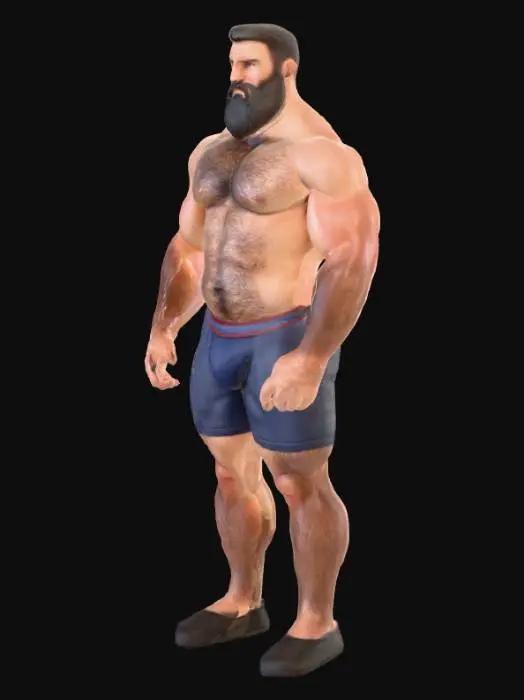3D model for "Object": "Realistischer haariger Strongman mit Bart, trägt nur einen Speedo",
  "Material": "Haut, Spandex (Speedo), Körperbehaarung",
  "Shape/Form": "Bulliger Körper mit breiten Schultern, kräftiger Brust, starken Armen und Beinen",
  "Color Scheme": "Hautfarbe, dunkles Körperhaar und Bart, schwarzer oder dunkelblauer Speedo",
  "Texture Details": "Rauhe Haut mit dichter Behaarung, glatte elastische Badehose",
  "Style": "Realistisch",
  "Environment/Use Context": "Stehend am Pool oder vor neutralem Hintergrund"