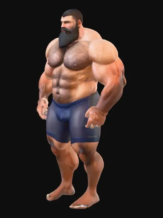 3D model for "Object": "Realistischer haariger Strongman mit Bart, trägt nur einen Speedo",
"Material": "Haut, Spandex (Speedo), Körperbehaarung",
"Shape/Form": "Bulliger Körper mit breiten Schultern, kräftiger Brust, starken Armen und Beinen",
"Color Scheme": "Hautfarbe, dunkles Körperhaar und Bart, schwarzer oder dunkelblauer Speedo",
"Texture Details": "Rauhe Haut mit dichter Behaarung, glatte elastische Badehose",
"Style": "Realistisch",
"Environment/Use Context": "Stehend am Pool oder vor neutralem Hintergrund"
