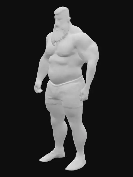 3D model for "Object": "Realistischer haariger Strongman mit Bart, trägt nur einen Speedo",
  "Material": "Haut, Spandex (Speedo), Körperbehaarung",
  "Shape/Form": "Bulliger Körper mit breiten Schultern, kräftiger Brust, starken Armen und Beinen",
  "Color Scheme": "Hautfarbe, dunkles Körperhaar und Bart, schwarzer oder dunkelblauer Speedo",
  "Texture Details": "Rauhe Haut mit dichter Behaarung, glatte elastische Badehose",
  "Style": "Realistisch",
  "Environment/Use Context": "Stehend am Pool oder vor neutralem Hintergrund"