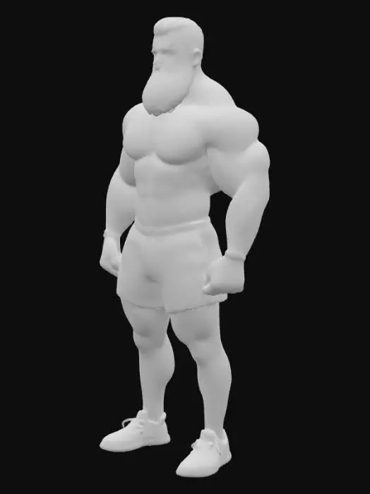 3D model for "Object": "Afrikanischer Strongman mit Bart und kurzen Haaren, trägt nur enge beige Shorts und rote Turnschuhe",
"Material": "Haut, Baumwolle oder Spandex (Shorts), Leder und Gummi (Schuhe)",
"Shape/Form": "Sehr muskulöser, breitschultriger Körper mit kräftigen Armen und Beinen",
"Color Scheme": "Dunkle Haut, beige Shorts, rote Turnschuhe",
"Texture Details": "Realistische Haut mit leichter Körperbehaarung, glatter Stoff der Shorts, matte Leder- und Gummitextur der Schuhe",
"Style": "Realistisch",
"Environment/Use Context": "Stehend in Sporthalle oder neutralem Hintergrund"