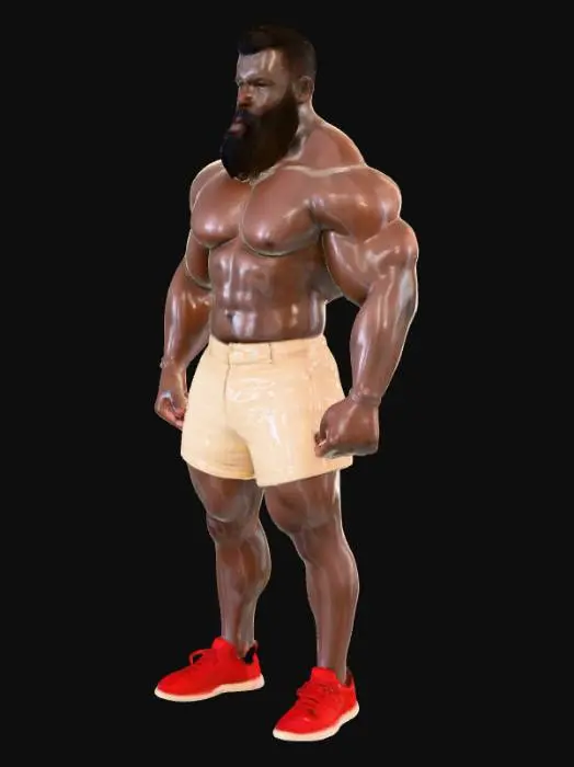 3D model for "Object": "Afrikanischer Strongman mit Bart und kurzen Haaren, trägt nur enge beige Shorts und rote Turnschuhe",
"Material": "Haut, Baumwolle oder Spandex (Shorts), Leder und Gummi (Schuhe)",
"Shape/Form": "Sehr muskulöser, breitschultriger Körper mit kräftigen Armen und Beinen",
"Color Scheme": "Dunkle Haut, beige Shorts, rote Turnschuhe",
"Texture Details": "Realistische Haut mit leichter Körperbehaarung, glatter Stoff der Shorts, matte Leder- und Gummitextur der Schuhe",
"Style": "Realistisch",
"Environment/Use Context": "Stehend in Sporthalle oder neutralem Hintergrund"