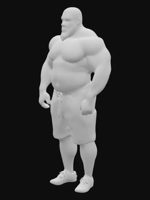 3D model for "Object": "Afrikanischer Strongman mit Bart und kurzen Haaren, trägt nur enge beige Shorts und rote Turnschuhe",
"Material": "Haut, Baumwolle oder Spandex (Shorts), Leder und Gummi (Schuhe)",
"Shape/Form": "Sehr muskulöser, breitschultriger Körper mit kräftigen Armen und Beinen",
"Color Scheme": "Dunkle Haut, beige Shorts, rote Turnschuhe",
"Texture Details": "Realistische Haut mit leichter Körperbehaarung, glatter Stoff der Shorts, matte Leder- und Gummitextur der Schuhe",
"Style": "Realistisch",
"Environment/Use Context": "Stehend in Sporthalle oder neutralem Hintergrund"