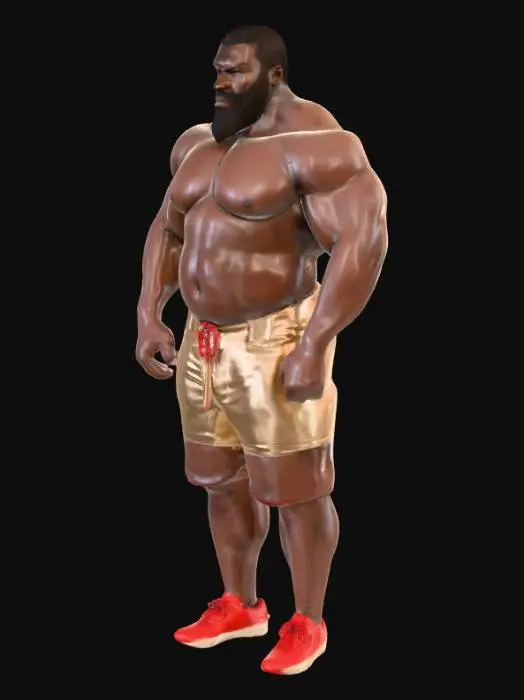 3D model for "Object": "Afrikanischer Strongman mit Bart und kurzen Haaren, trägt nur enge beige Shorts und rote Turnschuhe",
"Material": "Haut, Baumwolle oder Spandex (Shorts), Leder und Gummi (Schuhe)",
"Shape/Form": "Sehr muskulöser, breitschultriger Körper mit kräftigen Armen und Beinen",
"Color Scheme": "Dunkle Haut, beige Shorts, rote Turnschuhe",
"Texture Details": "Realistische Haut mit leichter Körperbehaarung, glatter Stoff der Shorts, matte Leder- und Gummitextur der Schuhe",
"Style": "Realistisch",
"Environment/Use Context": "Stehend in Sporthalle oder neutralem Hintergrund"