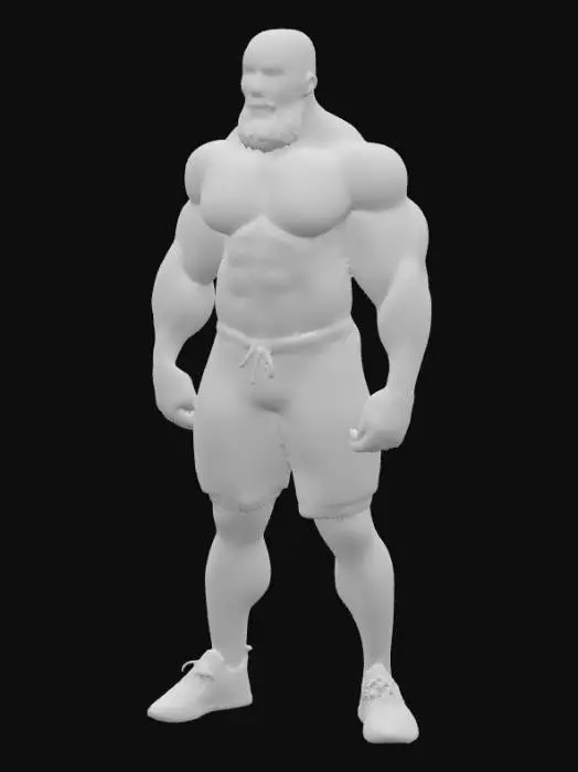 3D model for "Object": "Afrikanischer Strongman mit Bart und kurzen Haaren, trägt nur enge beige Shorts und rote Turnschuhe",
"Material": "Haut, Baumwolle oder Spandex (Shorts), Leder und Gummi (Schuhe)",
"Shape/Form": "Sehr muskulöser, breitschultriger Körper mit kräftigen Armen und Beinen",
"Color Scheme": "Dunkle Haut, beige Shorts, rote Turnschuhe",
"Texture Details": "Realistische Haut mit leichter Körperbehaarung, glatter Stoff der Shorts, matte Leder- und Gummitextur der Schuhe",
"Style": "Realistisch",
"Environment/Use Context": "Stehend in Sporthalle oder neutralem Hintergrund"