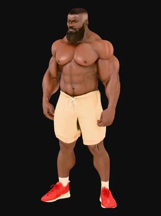 3D model for "Object": "Afrikanischer Strongman mit Bart und kurzen Haaren, trägt nur enge beige Shorts und rote Turnschuhe",
"Material": "Haut, Baumwolle oder Spandex (Shorts), Leder und Gummi (Schuhe)",
"Shape/Form": "Sehr muskulöser, breitschultriger Körper mit kräftigen Armen und Beinen",
"Color Scheme": "Dunkle Haut, beige Shorts, rote Turnschuhe",
"Texture Details": "Realistische Haut mit leichter Körperbehaarung, glatter Stoff der Shorts, matte Leder- und Gummitextur der Schuhe",
"Style": "Realistisch",
"Environment/Use Context": "Stehend in Sporthalle oder neutralem Hintergrund"