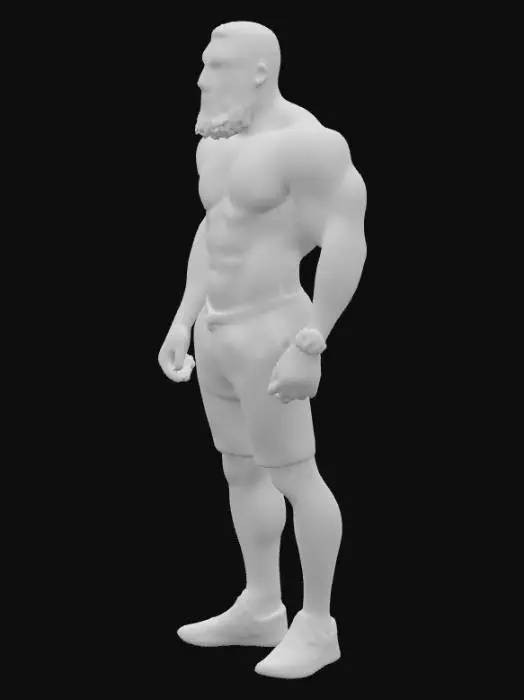 3D model for "Object": "Afrikanischer Strongman mit Bart und kurzen Haaren, trägt nur enge beige Shorts und rote Turnschuhe",
"Material": "Haut, Baumwolle oder Spandex (Shorts), Leder und Gummi (Schuhe)",
"Shape/Form": "Sehr muskulöser, breitschultriger Körper mit kräftigen Armen und Beinen",
"Color Scheme": "Dunkle Haut, beige Shorts, rote Turnschuhe",
"Texture Details": "Realistische Haut mit leichter Körperbehaarung, glatter Stoff der Shorts, matte Leder- und Gummitextur der Schuhe",
"Style": "Realistisch",
"Environment/Use Context": "Stehend in Sporthalle oder neutralem Hintergrund"