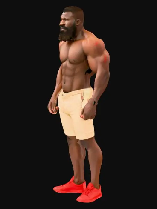 3D model for "Object": "Afrikanischer Strongman mit Bart und kurzen Haaren, trägt nur enge beige Shorts und rote Turnschuhe",
"Material": "Haut, Baumwolle oder Spandex (Shorts), Leder und Gummi (Schuhe)",
"Shape/Form": "Sehr muskulöser, breitschultriger Körper mit kräftigen Armen und Beinen",
"Color Scheme": "Dunkle Haut, beige Shorts, rote Turnschuhe",
"Texture Details": "Realistische Haut mit leichter Körperbehaarung, glatter Stoff der Shorts, matte Leder- und Gummitextur der Schuhe",
"Style": "Realistisch",
"Environment/Use Context": "Stehend in Sporthalle oder neutralem Hintergrund"