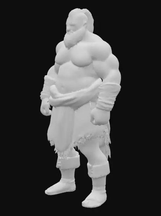 3D model for "Object": "Mittelalterlicher dreckiger nackter Strongman mit Bart und kurzen Haaren, trägt nur ein kleines Stück Stoff vor den Genitalien und ist barfuss",
"Material": "rauhe Haut, Baumwolle, Leder",
"Shape/Form“ : „Mann: Sehr muskulöser, breitschultriger Körper mit kräftigen Armen und starken Beinen",
"Color Scheme": "Haut, beiges Tuch",
"Texture Details": "Realistische rauhe matte dreckige Haut mit starker Körperbehaarung, glatter Stoff",
"Style": "Realistisch",
"Environment/Use Context": "Kämpfend im Wald"