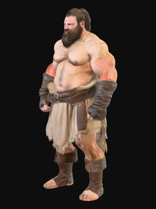 3D model for "Object": "Mittelalterlicher dreckiger nackter Strongman mit Bart und kurzen Haaren, trägt nur ein kleines Stück Stoff vor den Genitalien und ist barfuss",
"Material": "rauhe Haut, Baumwolle, Leder",
"Shape/Form“ : „Mann: Sehr muskulöser, breitschultriger Körper mit kräftigen Armen und starken Beinen",
"Color Scheme": "Haut, beiges Tuch",
"Texture Details": "Realistische rauhe matte dreckige Haut mit starker Körperbehaarung, glatter Stoff",
"Style": "Realistisch",
"Environment/Use Context": "Kämpfend im Wald"