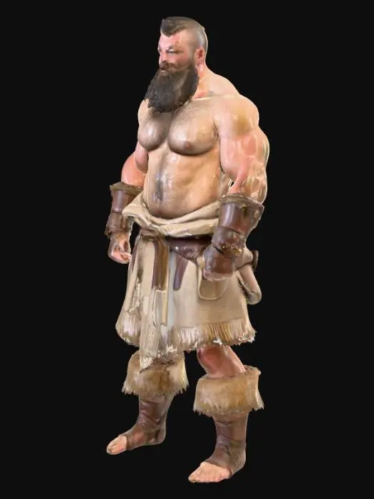 3D model for "Object": "Mittelalterlicher dreckiger nackter Strongman mit Bart und kurzen Haaren, trägt nur ein kleines Stück Stoff vor den Genitalien und ist barfuss",
"Material": "rauhe Haut, Baumwolle, Leder",
"Shape/Form“ : „Mann: Sehr muskulöser, breitschultriger Körper mit kräftigen Armen und starken Beinen",
"Color Scheme": "Haut, beiges Tuch",
"Texture Details": "Realistische rauhe matte dreckige Haut mit starker Körperbehaarung, glatter Stoff",
"Style": "Realistisch",
"Environment/Use Context": "Kämpfend im Wald"