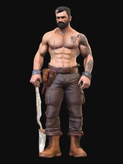 3D model for Object: muscular male bricklayer character, human figure
Material: realistic human skin, coarse fabric for pants, rugged leather for boots
Shape/Form: broad-shouldered, muscular torso, average height, strong forearms
Color Scheme: tanned skin, dark brown work pants, black or dark brown boots
Texture Details: hairy arms and chest, tattooed skin, sweaty skin sheen, worn and dirt-stained pants, scuffed boots
Style: realistic PBR
Environment/Use Context: working on a construction site, holding a trowel or brick, mid-task
Reference Models (optional): inspired by real-world construction workers, gritty realism look