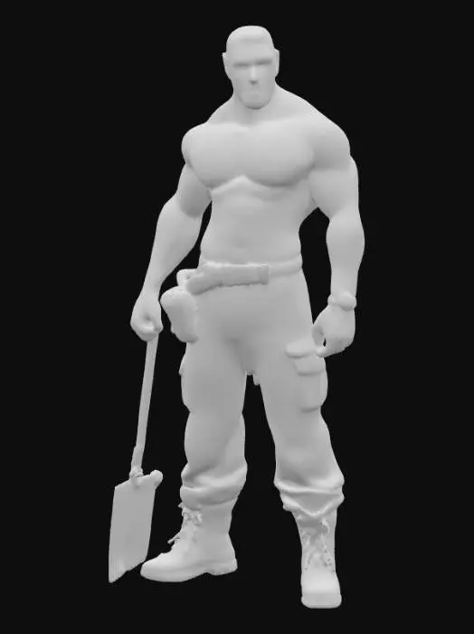 3D model for Object: muscular male bricklayer character, human figure
Material: realistic human skin, coarse fabric for pants, rugged leather for boots
Shape/Form: broad-shouldered, muscular torso, average height, strong forearms
Color Scheme: tanned skin, dark brown work pants, black or dark brown boots
Texture Details: hairy arms and chest, tattooed skin, sweaty skin sheen, worn and dirt-stained pants, scuffed boots
Style: realistic PBR
Environment/Use Context: working on a construction site, holding a trowel or brick, mid-task
Reference Models (optional): inspired by real-world construction workers, gritty realism look