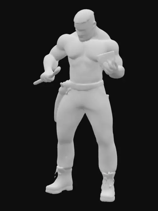 3D model for Object: muscular male bricklayer character, human figure
Material: realistic human skin, coarse work pants fabric, rugged leather boots
Shape/Form: very muscular, broad shoulders, thick arms, defined chest, strong build
Color Scheme: tanned skin, dark brown or grey work pants, black or dark brown boots
Texture Details: hairy chest, arms, and armpits, tattoos on arms and torso, sweaty skin sheen, dirt-stained pants, scuffed boots
Style: realistic PBR
Environment/Use Context: working on a construction site, holding a brick or trowel, mid-action pose
Reference Models (optional): inspired by real-world construction workers with gritty realism style