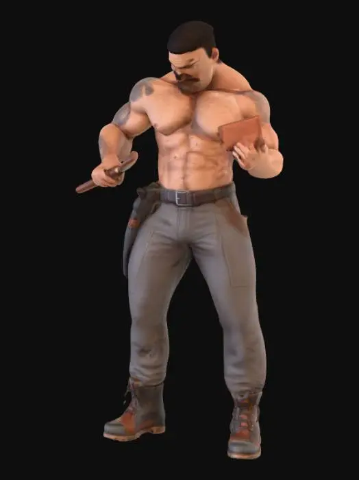 3D model for Object: muscular male bricklayer character, human figure
Material: realistic human skin, coarse work pants fabric, rugged leather boots
Shape/Form: very muscular, broad shoulders, thick arms, defined chest, strong build
Color Scheme: tanned skin, dark brown or grey work pants, black or dark brown boots
Texture Details: hairy chest, arms, and armpits, tattoos on arms and torso, sweaty skin sheen, dirt-stained pants, scuffed boots
Style: realistic PBR
Environment/Use Context: working on a construction site, holding a brick or trowel, mid-action pose
Reference Models (optional): inspired by real-world construction workers with gritty realism style