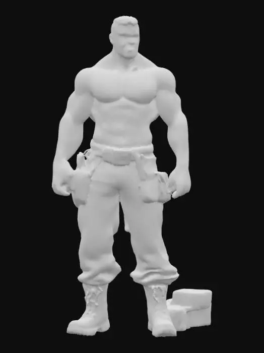 3D model for Object: muscular male bricklayer character, human figure
Material: realistic human skin, coarse work pants fabric, rugged leather boots
Shape/Form: very muscular, broad shoulders, thick arms, defined chest, strong build
Color Scheme: tanned skin, dark brown or grey work pants, black or dark brown boots
Texture Details: hairy chest, arms, and armpits, tattoos on arms and torso, sweaty skin sheen, dirt-stained pants, scuffed boots
Style: realistic PBR
Environment/Use Context: working on a construction site, holding a brick or trowel, mid-action pose
Reference Models (optional): inspired by real-world construction workers with gritty realism style