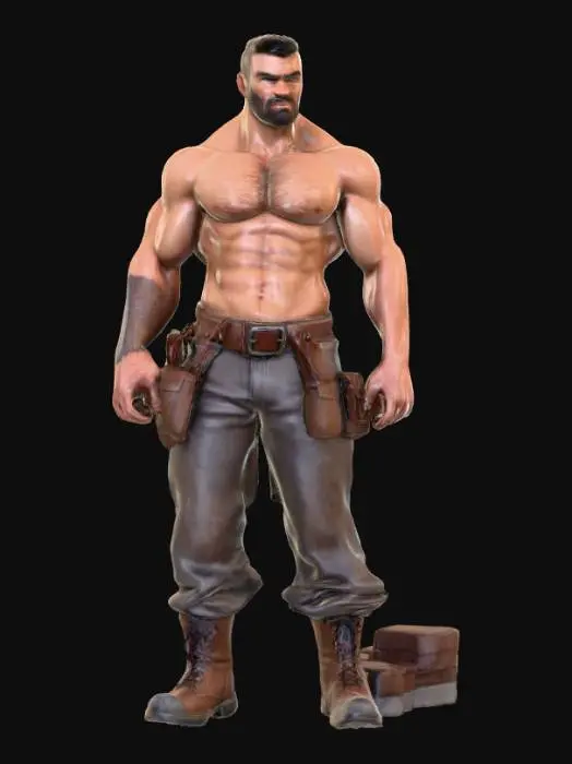 3D model for Object: muscular male bricklayer character, human figure
Material: realistic human skin, coarse work pants fabric, rugged leather boots
Shape/Form: very muscular, broad shoulders, thick arms, defined chest, strong build
Color Scheme: tanned skin, dark brown or grey work pants, black or dark brown boots
Texture Details: hairy chest, arms, and armpits, tattoos on arms and torso, sweaty skin sheen, dirt-stained pants, scuffed boots
Style: realistic PBR
Environment/Use Context: working on a construction site, holding a brick or trowel, mid-action pose
Reference Models (optional): inspired by real-world construction workers with gritty realism style