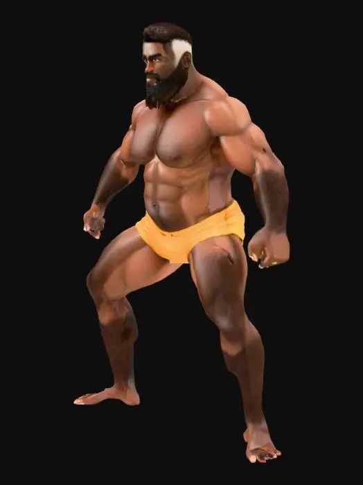 3D model for "Object": "Stämmiger, dunkelhäutiger, stark behaarter Mann in Unterwäsche",
  "Material": "Haut, Baumwolle oder Lycra (Unterwäsche), Körperbehaarung",
  "Shape: "Breiter, gedrungener Körperbau mit muskulöser Brust, starkem Oberkörper und dickeren Gliedmaßen; volle Körperbehaarung an Brust, Armen und Beinen",
  "Color Scheme": "Dunkler Hautton,  helle Unterwäsche, dunkles Körperhaar",
  "Texture Details": "Stilisierte Haut mit vereinfachten Licht-/Schattenflächen, grafisch angedeutete Haare (z. B. Linien oder Shading), leicht gespannte Stofftextur an der engen Unterwäsche",
  "Style": "Comicartig, im Stil von Mode2 – urbaner Graffiti-Look mit übertriebener Pose, muskulöser Ausdruck, leicht erotisiert",
 
  "Reference Models": "Mode2 Artworks, Street-Art-Figuren in Pose und Haltung"