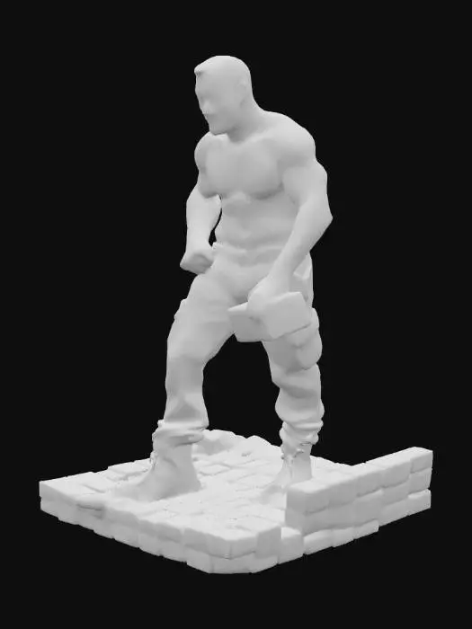 3D model for Object: muscular male bricklayer character, human figure
Material: realistic human skin, coarse work pants fabric, rugged leather boots
Shape/Form: very muscular, broad shoulders, thick arms, defined chest, strong build
Color Scheme: tanned skin, dark brown or grey work pants, black or dark brown boots
Texture Details: hairy chest, arms, and armpits, tattoos on arms and torso, sweaty skin sheen, dirt-stained pants, scuffed boots
Style: realistic PBR
Environment/Use Context: working on a construction site, mid-action laying a brick on a wall
Facial Expression/Pose: short beard, friendly smile with teeth visible, slightly squinting from sunlight, leaning forward in work stance, sweat on forehead
Reference Models: inspired by real-world construction workers with gritty realism style