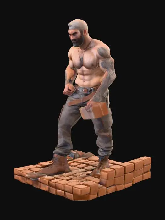 3D model for Object: muscular male bricklayer character, human figure
Material: realistic human skin, coarse work pants fabric, rugged leather boots
Shape/Form: very muscular, broad shoulders, thick arms, defined chest, strong build
Color Scheme: tanned skin, dark brown or grey work pants, black or dark brown boots
Texture Details: hairy chest, arms, and armpits, tattoos on arms and torso, sweaty skin sheen, dirt-stained pants, scuffed boots
Style: realistic PBR
Environment/Use Context: working on a construction site, mid-action laying a brick on a wall
Facial Expression/Pose: short beard, friendly smile with teeth visible, slightly squinting from sunlight, leaning forward in work stance, sweat on forehead
Reference Models: inspired by real-world construction workers with gritty realism style