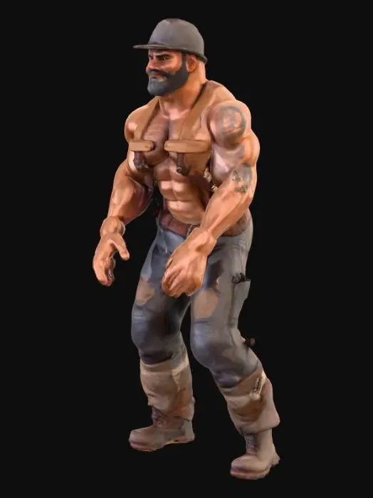 3D model for Object: muscular male bricklayer character, human figure
Material: realistic human skin, coarse work pants fabric, rugged leather boots
Shape/Form: very muscular, broad shoulders, thick arms, defined chest, strong build
Color Scheme: tanned skin, dark brown or grey work pants, black or dark brown boots
Texture Details: hairy chest, arms, and armpits, tattoos on arms and torso, sweaty skin sheen, dirt-stained pants, scuffed boots
Style: realistic PBR
Environment/Use Context: working on a construction site, mid-action laying a brick on a wall
Facial Expression/Pose: short beard, friendly smile with teeth visible, slightly squinting from sunlight, leaning forward in work stance, sweat on forehead
Reference Models: inspired by real-world construction workers with gritty realism style