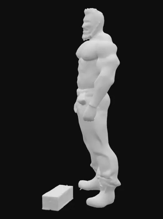 3D model for Object: muscular male bricklayer character, human figure
Material: realistic human skin, coarse work pants fabric, rugged leather boots
Shape/Form: very muscular, broad shoulders, thick arms, defined chest, strong build
Color Scheme: tanned skin, dark brown or grey work pants, black or dark brown boots
Texture Details: hairy chest, arms, and armpits, tattoos on arms and torso, sweaty skin sheen, dirt-stained pants, scuffed boots
Style: realistic PBR
Environment/Use Context: working on a construction site, mid-action laying a brick on a wall
Facial Expression/Pose: short beard, friendly smile with teeth visible, slightly squinting from sunlight, leaning forward in work stance, sweat on forehead
Reference Models: inspired by real-world construction workers with gritty realism style