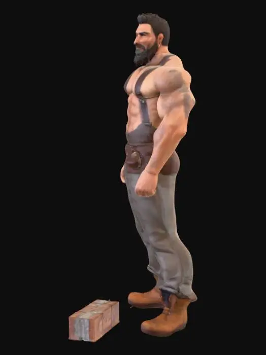 3D model for Object: muscular male bricklayer character, human figure
Material: realistic human skin, coarse work pants fabric, rugged leather boots
Shape/Form: very muscular, broad shoulders, thick arms, defined chest, strong build
Color Scheme: tanned skin, dark brown or grey work pants, black or dark brown boots
Texture Details: hairy chest, arms, and armpits, tattoos on arms and torso, sweaty skin sheen, dirt-stained pants, scuffed boots
Style: realistic PBR
Environment/Use Context: working on a construction site, mid-action laying a brick on a wall
Facial Expression/Pose: short beard, friendly smile with teeth visible, slightly squinting from sunlight, leaning forward in work stance, sweat on forehead
Reference Models: inspired by real-world construction workers with gritty realism style