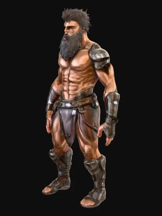 3D model for  a muscled gladiator. inspired by roman heritage but set in a futuristic style. he wears only very little and has a hairy body and a beard