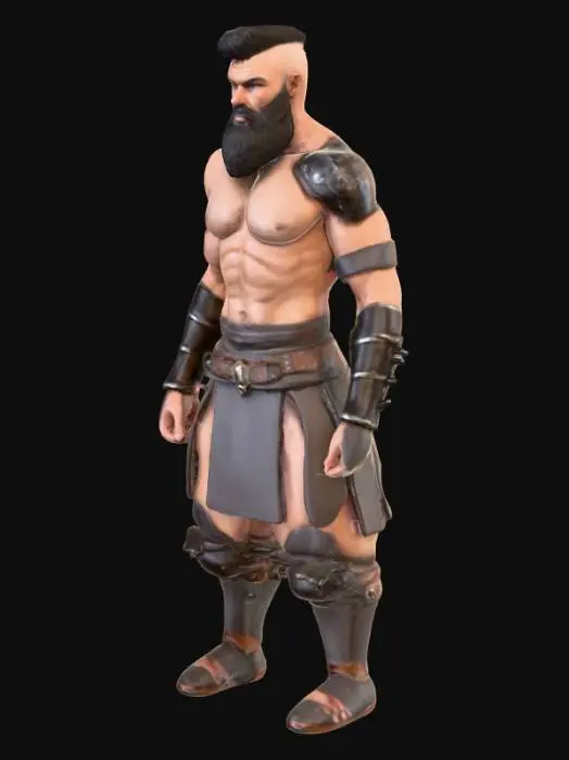 3D model for #PBR#,  a muscled gladiator. inspired by roman heritage but set in a futuristic style. he wears only very little and has a hairy body and a beard