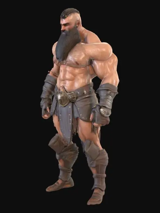 3D model for #PBR#,  a muscled gladiator. inspired by roman heritage but set in a futuristic style. he wears only very little and has a hairy body and a beard