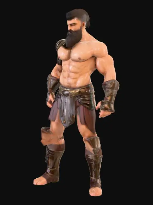 3D model for  a muscled gladiator. inspired by roman heritage but set in a futuristic style. he wears only very little and has a hairy body and a beard