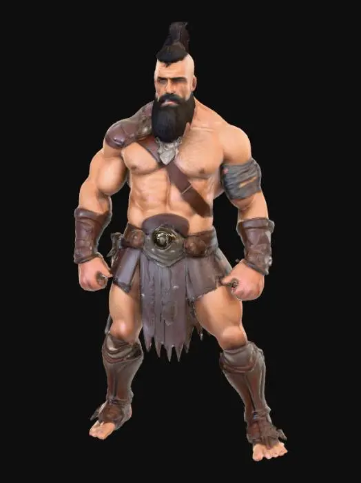 3D model for  a muscled gladiator. inspired by roman heritage but set in a futuristic style. he wears only very little and has a hairy body and a beard