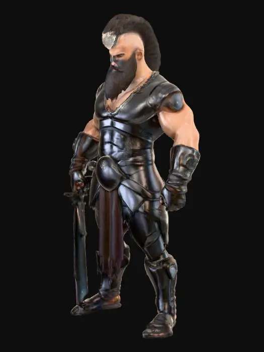 3D model for  a muscled gladiator. inspired by roman heritage but set in a futuristic style. he wears only very little and has a hairy body and a beard