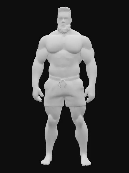 3D model for Ein sehr muskulöser, athletischer Mann mit dunkler Haut und einem vollen Bart, der eine blaue Badehose trägt. Er steht auf einem Sandstrand, mit dem Ozean und Wellen im Hintergrund. Der Himmel ist hellblau mit ein paar Wolken, und die Sonne scheint. Der Mann hat eine ernsthafte, selbstbewusste Haltung und einen definierten Körperbau. Realistisch, 3D-Modell, detaillierte Texturen., #PBR#
