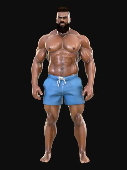 3D model for Ein sehr muskulöser, athletischer Mann mit dunkler Haut und einem vollen Bart, der eine blaue Badehose trägt. Er steht auf einem Sandstrand, mit dem Ozean und Wellen im Hintergrund. Der Himmel ist hellblau mit ein paar Wolken, und die Sonne scheint. Der Mann hat eine ernsthafte, selbstbewusste Haltung und einen definierten Körperbau. Realistisch, 3D-Modell, detaillierte Texturen., #PBR#