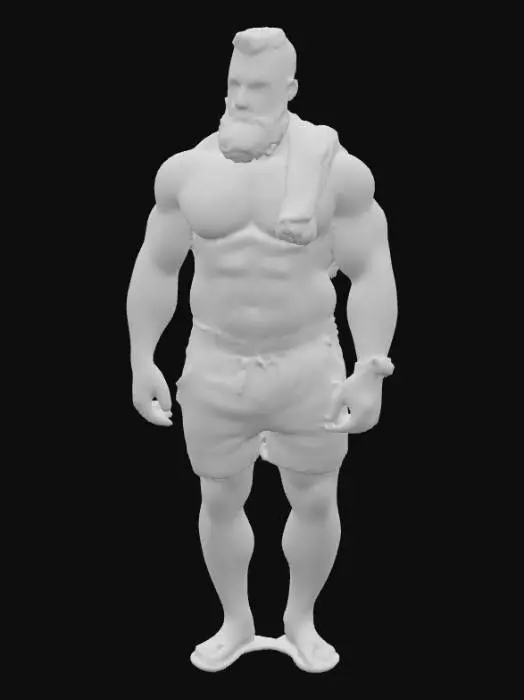 3D model for Ein sehr muskulöser, athletischer Mann mit dunkler Haut und einem vollen Bart, der eine blaue Badehose trägt. Er steht auf einem Sandstrand, mit dem Ozean und Wellen im Hintergrund. Der Himmel ist hellblau mit ein paar Wolken, und die Sonne scheint. Der Mann hat eine ernsthafte, selbstbewusste Haltung und einen definierten Körperbau. Realistisch, 3D-Modell, detaillierte Texturen., #PBR#