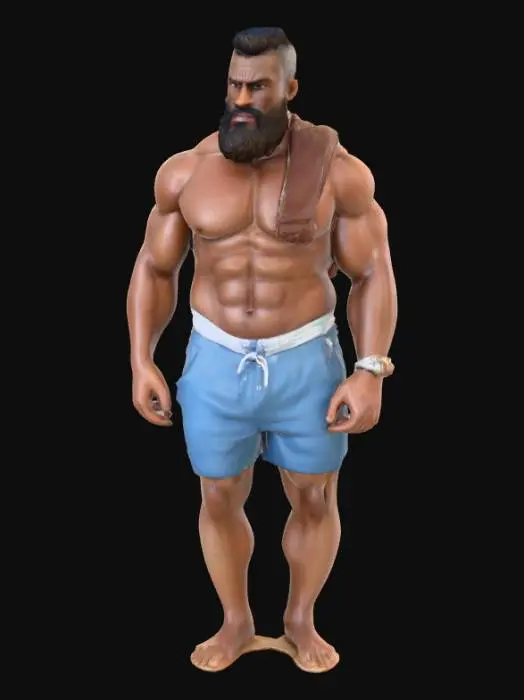 3D model for Ein sehr muskulöser, athletischer Mann mit dunkler Haut und einem vollen Bart, der eine blaue Badehose trägt. Er steht auf einem Sandstrand, mit dem Ozean und Wellen im Hintergrund. Der Himmel ist hellblau mit ein paar Wolken, und die Sonne scheint. Der Mann hat eine ernsthafte, selbstbewusste Haltung und einen definierten Körperbau. Realistisch, 3D-Modell, detaillierte Texturen., #PBR#