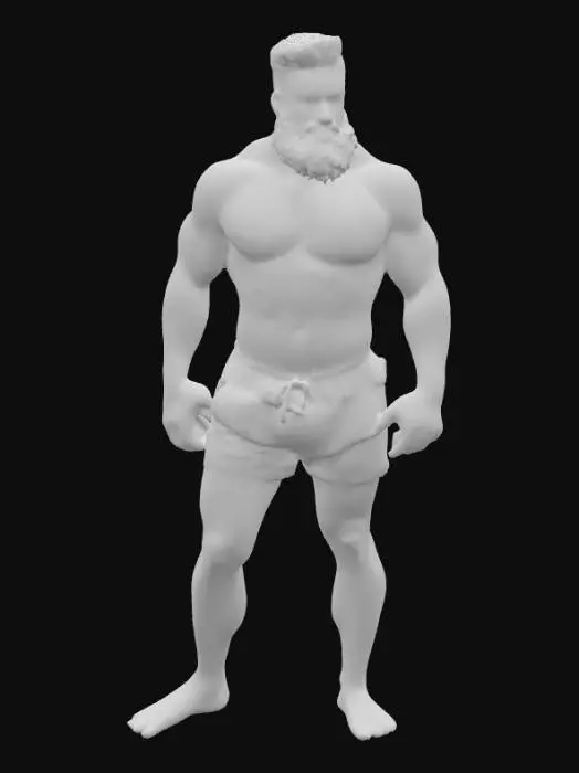 3D model for Ein sehr muskulöser, athletischer Mann mit dunkler Haut und einem vollen Bart, der eine blaue Badehose trägt. Er steht auf einem Sandstrand, mit dem Ozean und Wellen im Hintergrund. Der Himmel ist hellblau mit ein paar Wolken, und die Sonne scheint. Der Mann hat eine ernsthafte, selbstbewusste Haltung und einen definierten Körperbau. Realistisch, 3D-Modell, detaillierte Texturen., #PBR#